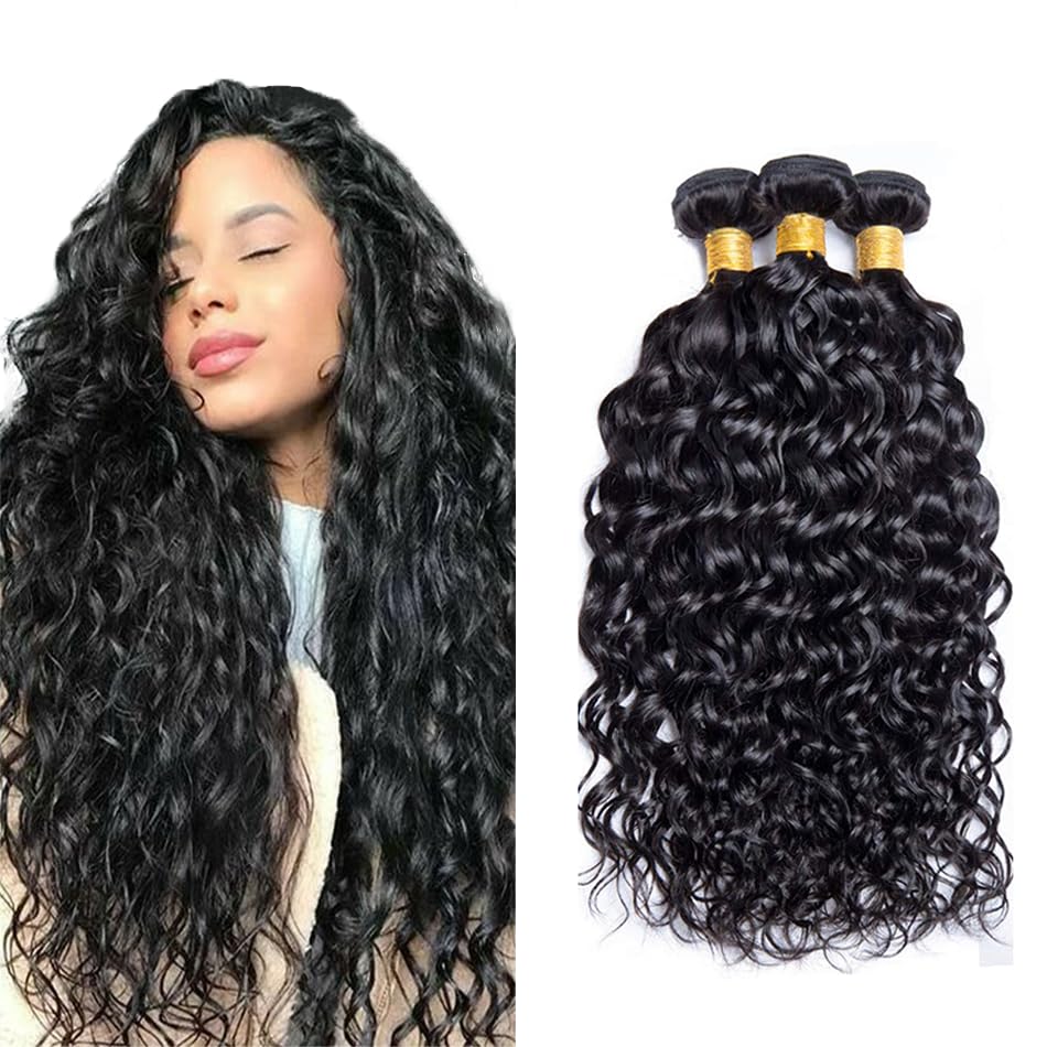 26 28 30 Inch Water Wave Human Hair Bundles Brazilian Unprocessed Virgin Hair 3 Bundles Wet and Wavy Bundles Human Hair Ocean Wavy Bundles Hair Weave Natural Black Color