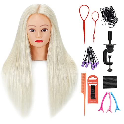 26"-28" Long Hair Mannequin Head with 60% Real Hair, Hairdresser Practice Training Head Cosmetology Manikin Doll Head with 9 Tools and Clamp - #613, Makeup On