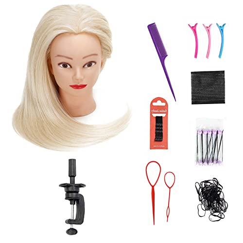 26"-28" Long Hair Mannequin Head with 60% Real Hair, Hairdresser Practice Training Head Cosmetology Manikin Doll Head with 9 Tools and Clamp - Makeup On - Image 2