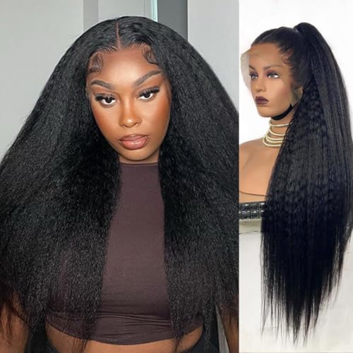 13x6 Kinky Straight 26 Inch Human Hair Lace Front Wig 180% Density Natural Black