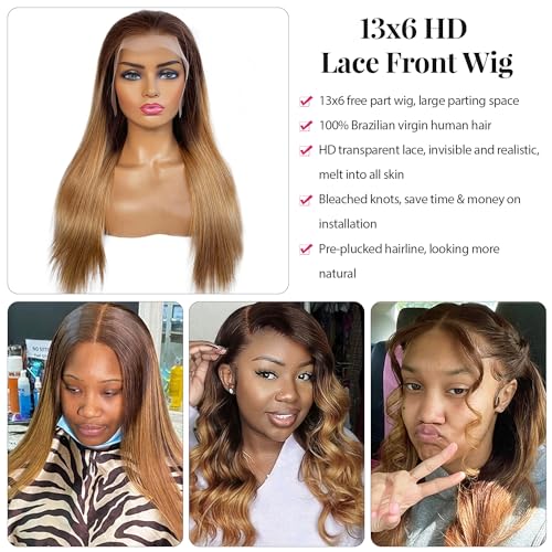 26 Inch 13x6 Lace Front Wigs Human Hair HD Transparent Lace Frontal Wigs Pre Plucked with Baby Hair Colored Ombre Honey Blonde Human Hair Lace Front Wig 6 Inch Deep Parting Lace Frontal Wig for Women - Image 3