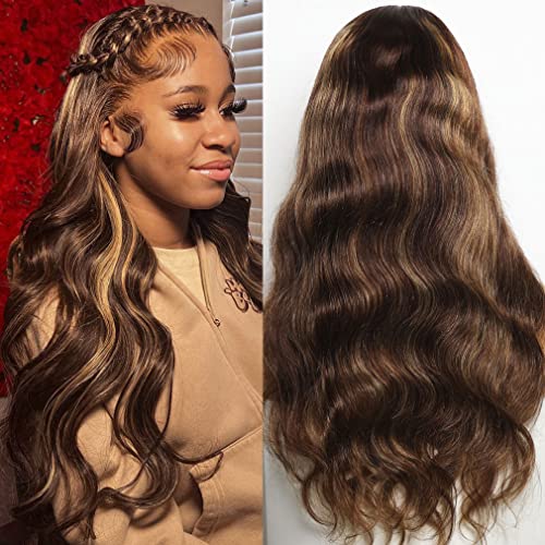 26 Inch 4/27 Ombre Lace Front Wig Human Hair 180 Density Honey Brown Highlight Wig Body Wave 13x4 HD Lace Front Wig Pre Plucked with Baby Hair Honey Blonde Lace Front Wig for Black Women