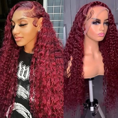 26 Inch 99J Deep Wave Curly Burgundy Lace Front Wigs Human Hair Red Colored Wig Human Hair