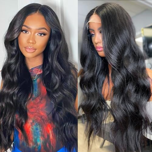 26 Inch Body Wave Lace Front Wigs Human Hair 13x4 HD Lace Front Wigs Human Hair Pre Plucked with Baby Hair Body Wave Glueless Lace Frontal Wigs Human Hair 180% Density Natural Black for Women