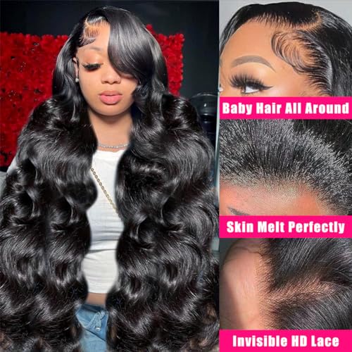 26 Inch Body Wave Lace Front Wigs Human Hair 13x4 HD Lace Front Wigs Human Hair Pre Plucked with Baby Hair Body Wave Glueless Lace Frontal Wigs Human Hair 180% Density Natural Black for Women - Image 4