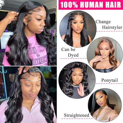 26 Inch Body Wave Lace Front Wigs Human Hair 13x4 HD Lace Front Wigs Human Hair Pre Plucked with Baby Hair Body Wave Glueless Lace Frontal Wigs Human Hair 180% Density Natural Black for Women - Image 8