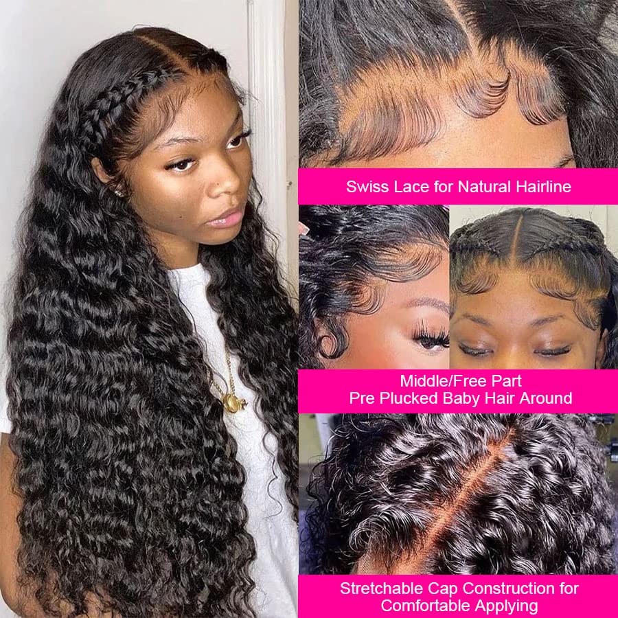 26 inch Deep Wave Frontal Wigs for Black Women Human Hair 200 Density, 13X4 HD Lace Front Wigs Brazilian Virgin Human Hair Long Curly Wig, Glueless Wigs Pre Plucked Natural Hairline with Baby Hair - Image 3