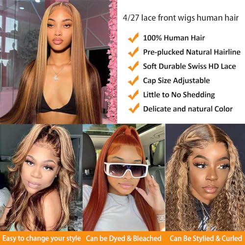 26 Inch Honey Blonde Wig Human Hair, Straight HD Lace Front Wigs Human Hair Pre Plucked 180 Density, Ombre Lace Front Wig Human Hair Bleached Knots Transparent Frontal Wigs Human Hair - Image 5