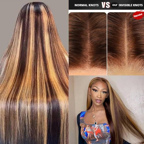 26 Inch Honey Blonde Wig Human Hair, Straight HD Lace Front Wigs Human Hair Pre Plucked 180 Density, Ombre Lace Front Wig Human Hair Bleached Knots Transparent Frontal Wigs Human Hair - Image 3