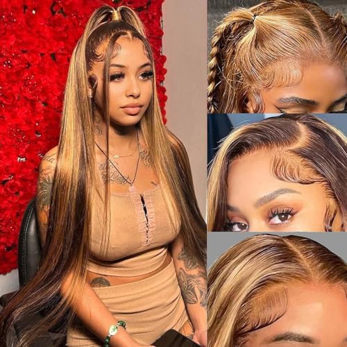 26 Inch Honey Blonde Wig Human Hair, Straight HD Lace Front Wigs Human Hair Pre Plucked 180 Density, Ombre Lace Front Wig Human Hair Bleached Knots Transparent Frontal Wigs Human Hair
