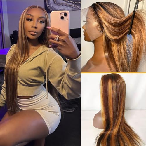 26 Inch Honey Blonde Wig Human Hair, Straight HD Lace Front Wigs Human Hair Pre Plucked 180 Density, Ombre Lace Front Wig Human Hair Bleached Knots Transparent Frontal Wigs Human Hair - Image 2