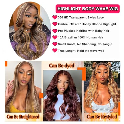 26 Inch Honey Blonde Body Wave Ombre 4/27 Highlight Human Hair 180% Density HD Lace Front Wig Pre Plucked - Image 4