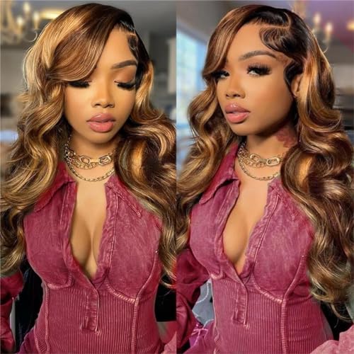 26 Inch Honey Blonde Body Wave Ombre 4/27 Highlight Human Hair 180% Density HD Lace Front Wig Pre Plucked