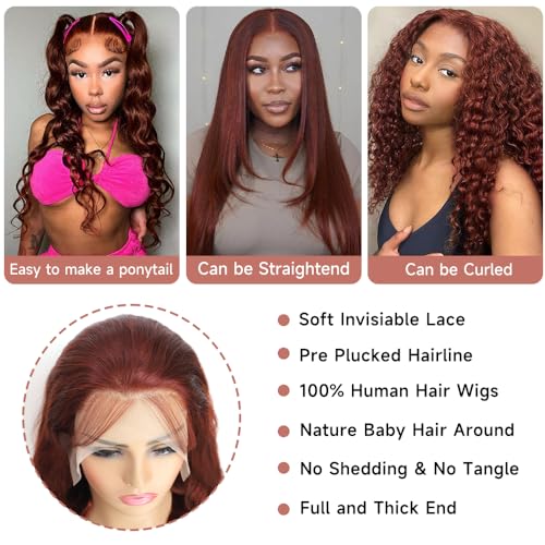 26 Inch Reddish Brown Lace Front Wigs Human Hair 180% Density Body Wave Reddish Brown Wig Human Hair Auburn Lace Front Wigs Human Hair Colored Copper Red 13x4 HD Lace Frontal Wigs Human Hair - Image 3