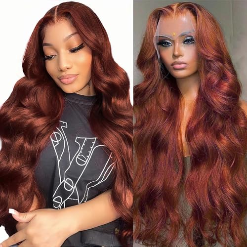26 Inch Reddish Brown Lace Front Wigs Human Hair 180% Density Body Wave Reddish Brown Wig Human Hair Auburn Lace Front Wigs Human Hair Colored Copper Red 13x4 HD Lace Frontal Wigs Human Hair