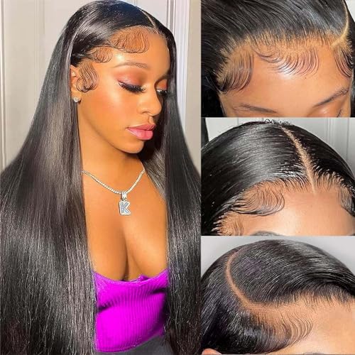 26 Inch Straight Lace Front Wigs Human Hair Pre Plucked 13x4 Lace Frontal Wigs Human Hair for Black Women 180% Density Brazilian Straight Glueless Wigs Human Hair Natural Black - Image 3