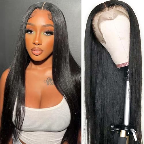 26 Inch Straight Lace Front Wigs Human Hair Pre Plucked 13x4 Lace Frontal Wigs Human Hair for Black Women 180% Density Brazilian Straight Glueless Wigs Human Hair Natural Black