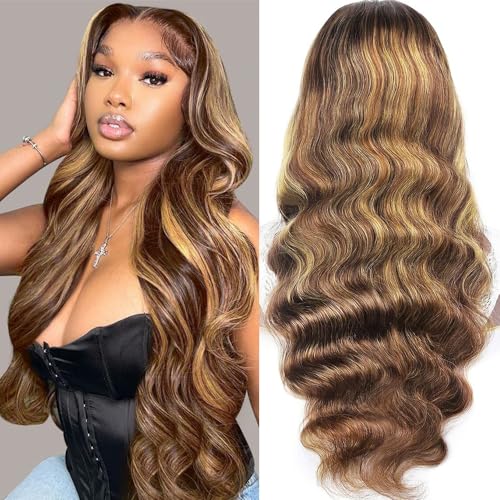 26Inch 13x6 Highlight Ombre Lace Front Wig Human Hair Body Wave Honey Blonde Glueless Pre Plucked 13x6 HD Lace Front Wigs for Women with Baby Hairline 180 Density
