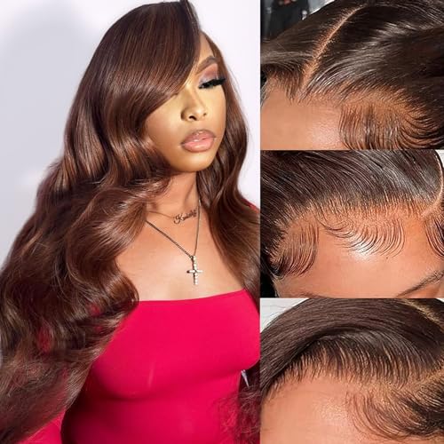 26Inch Chocolate Brown 13x6 Body Wave Lace Front Wigs Human Hair Pre Plucked 180% Density HD Full Lace Frontal Wigs with Baby Hair Colored Wigs for Women