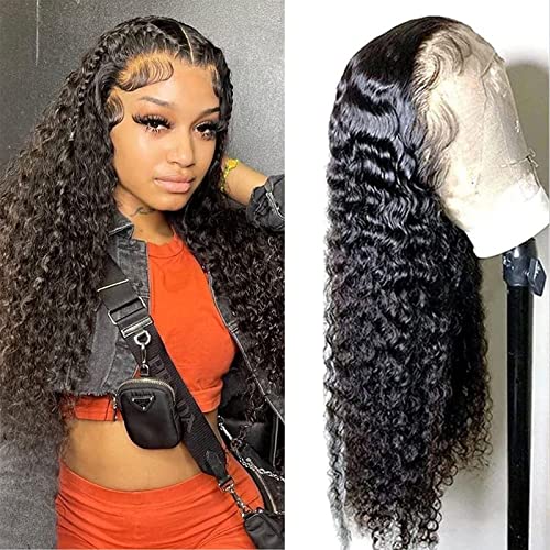 26Inch Deep Wave Lace Front Wigs Human Hair 180% Density Brazilian Virgin 13x4 Deep Curly Wave Frontal Wig Humsn Hair for Black Women Natural Color(26Inch)