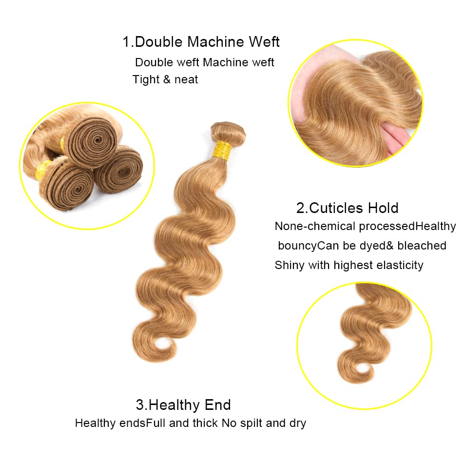 27 Body Wave Bundles Honey Blonde Bundles Human Hair 16 18 20 Inch Weave Extensions Hair 8A Grade Blonde Body Wave Human Hair Bundles Soft And Healthy for Women - Image 3