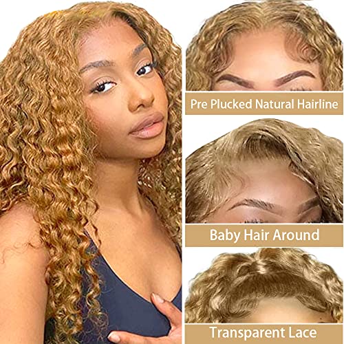 27 inch Lace Front Honey Blonde Wig Human Hair 26 Inch Deep Wave Wig Human Hair 4X1 Hd Transparent Lace Closure Wig Brazilian Virgin Hair Blonde Wig Glueless Pre Plucked With Baby Hair - Image 4