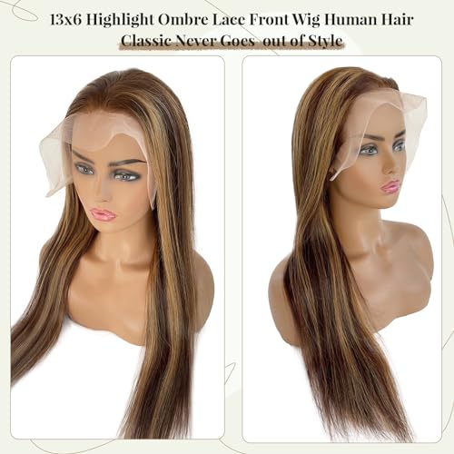 28 Inch 4/27 Brown Blonde Ombre HD Lace Front Wig Human Hair 150% Density - Image 3