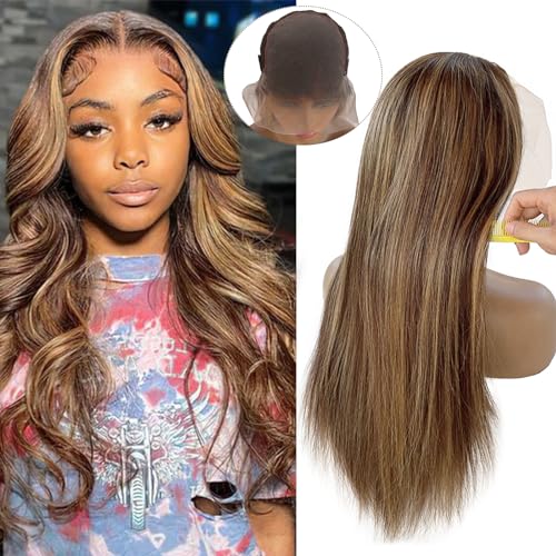 28 Inch 4/27 Brown Blonde Ombre HD Lace Front Wig Human Hair 150% Density