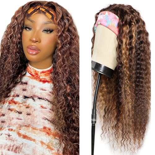 28 Inch Brown Ombre Headband Wig Human Hair Full Head Machine Made Half Wigs Grade 8A P4/30 Highlight Medium Auburn Curly Wave Wig None Lace Wig Brazilian Remy Human Hair 150% Density
