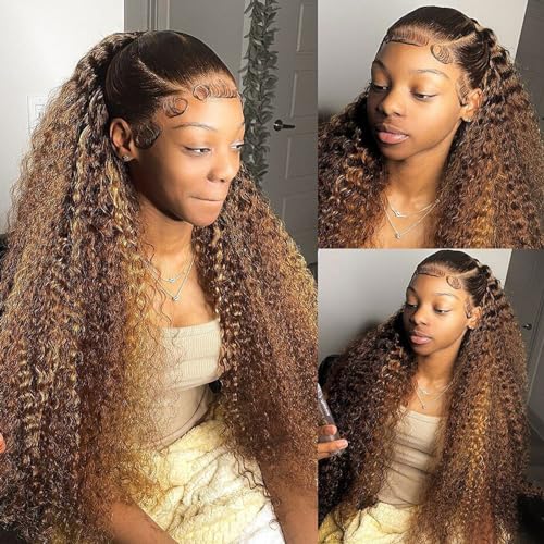 28 Inch Curly Ombre Honey Blonde Lace Front Wig for Women Natural Look