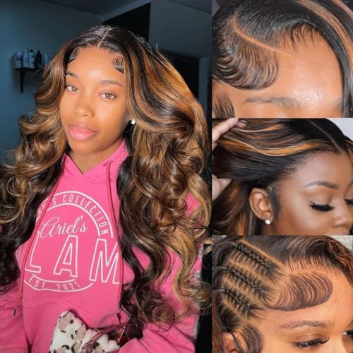 28 Inch Honey Blonde Ombre Human Hair Body Wave Lace Front Wig 13x4 180% Density