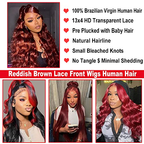 28 Inch Lace Front Wig Human Hair Body Wave Reddish Brown Human Hair Lace Front Wigs 13x4 HD Lace Front Wigs Human Hair Pre Plucked Colored 10A 180% Density Reddish Brown Frontal Wig - Image 6