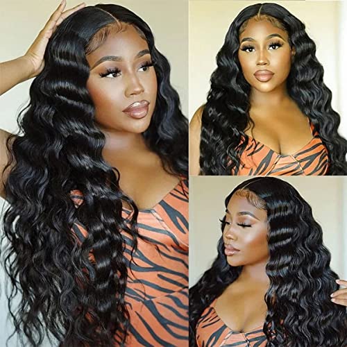 28 Inch Loose Deep Wave Lace Front Wigs Human Hair for Black Women 13X4 H-D Lace Loose Deep Wave Wig Glueless Lace Front Wigs with Baby Hair Pre Plucked Deep Wave Frontal Wig Natural Black