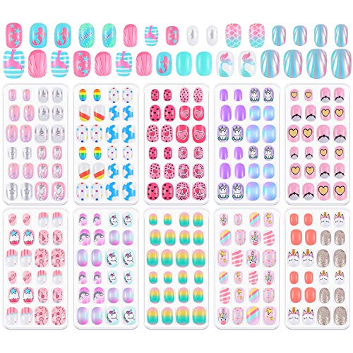 288 Pieces Kids Nails Press on Nails for Kids Mini False Nails with Designs Fake Nails Short Stick on Nails Kids Nails Set Girls for Halloween Christmas Nail, 12 Boxes (Cartoon Animals, Heart)