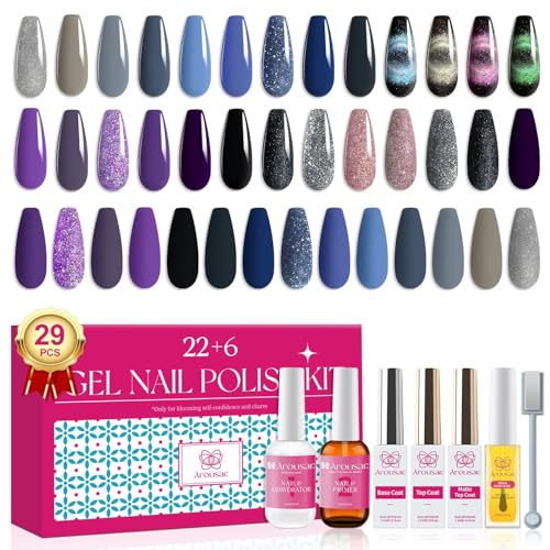28PCS Nail Gel Polish, Cat Eye Glitter Gel Nail Polish 22 Colors Blue Black Gel Polish Set with 6 Multi-Functional Gels Nail Art Magnet Stick Manicure Set DIY Salon Home Gift for Women