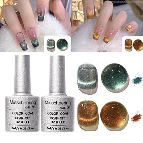 2PCS Holographic Glitter Cat Eye Gel Nail Polish Kit with Free Magnet Tool