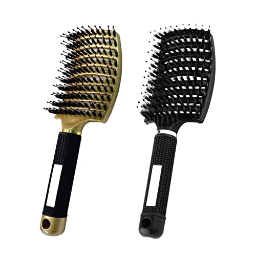 2PCS Curved Vented Hair Brush Boar Bristle Hair Brushes Paddle Detangling Brush Professional Styling Hairbrushes Detangler for Women/Men/Kids Wet Dry Thick Curly Straight Hair (Gold+Black)