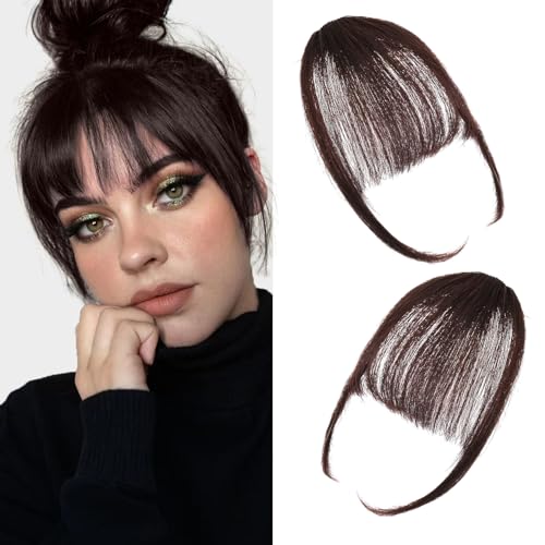 2PCS Hair Bangs Clip in Bangs 100% Real Human Hair Extensions Clip on Bangs Dark Brown Fake Bangs Fringe with Temples Wispy Bangs Hairpiece for Women (Dark Brown)