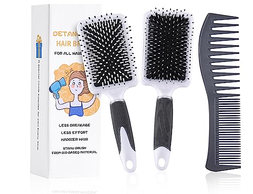 2Pcs Hair Brush, Double Sided Boar Bristle Hair Brush and Paddle Brush for Thick Curly Thin Long Short Wet or Dry Hair, Hair Brush for Men Women Kids, Giftbox & Tail Comb Included