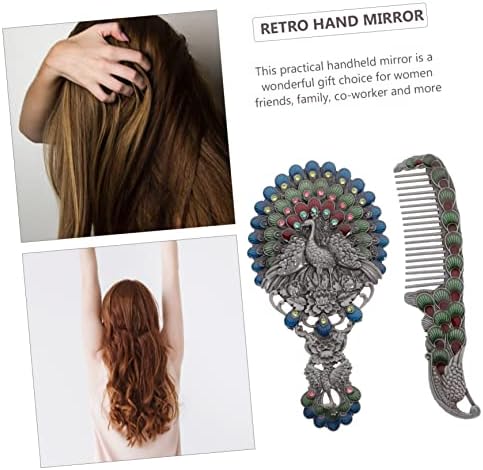2pcs Mirror Detangling Hair Brush Portable Makeup Portable Single- Sided Compact Alloy Peacock Comb - Image 3