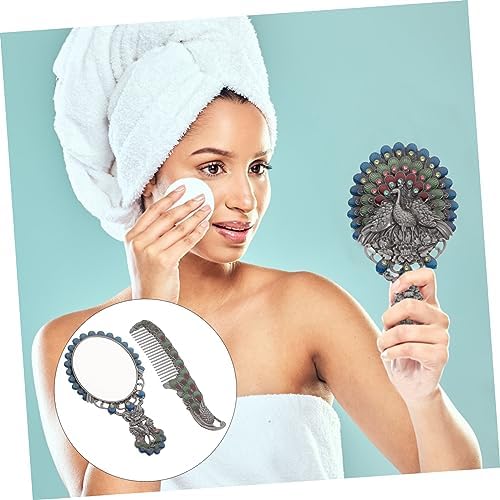 2pcs Mirror Detangling Hair Brush Portable Makeup Portable Single- Sided Compact Alloy Peacock Comb - Image 6