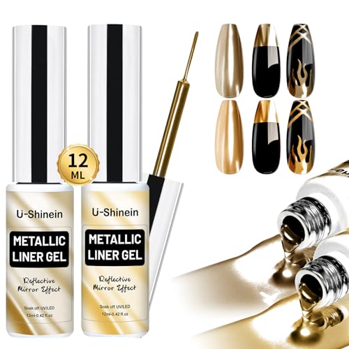 2x12ml Metallic Mirror Painting Gel Nail Polish, Gold&Champagne Gold Metal Painted Drawing Gel with Build in Thin Brush, Chrome Gel Polish Nail Art Gel Liner Soak Off DIY Nail Art Manicure