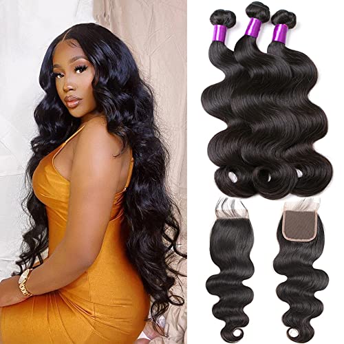 3 Bundles with Closure Human Hair (20 22 24+18) Brazilian Body Wave with Lace Closure 4x4 Free Part 100% Unprocessed Remy Virgin Weave Human Hair Bundles with Frontal Double Weft Black Natural Color