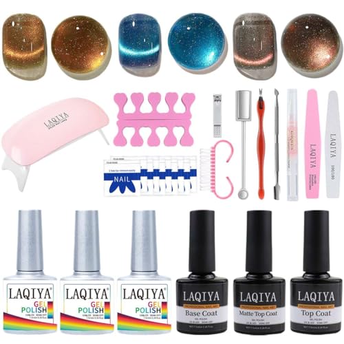 3 Colors Glitter Cat Eye Gel Nail Poilsh Kit with UV LED Nail Lamp Soak Off Gel Polish Starter Kit with Cat Eye Magnetic Sticks Home DIY Manicure Nail Salon(3SET-TOOLS-005)