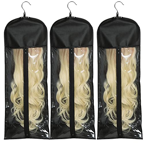 3 Pack Extra Long Wig Storage Bag with Hanger Hair Extension Holder Hairpieces Storage Bag Wigs Carrier Case for Store Style Human Synthetic Hair Black Color