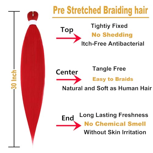 3 Packs 30 Inch Pre Stretched Braiding Hair High Temperature Synthetic Fiber Pre Stretched Ombre Braiding Hair Hot Water Setting For Crochet Twist Braids (30 Inch (Pack of 3), red) - Image 3