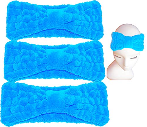 3 PACK（Blue） Microfiber Bowtie Women Beauty Headbands, Extrame Soft & Ultra Absorbent, Comfort to Wash Makeup Mask Shower Facial Skincare Spa Thick Hair Band for Girls
