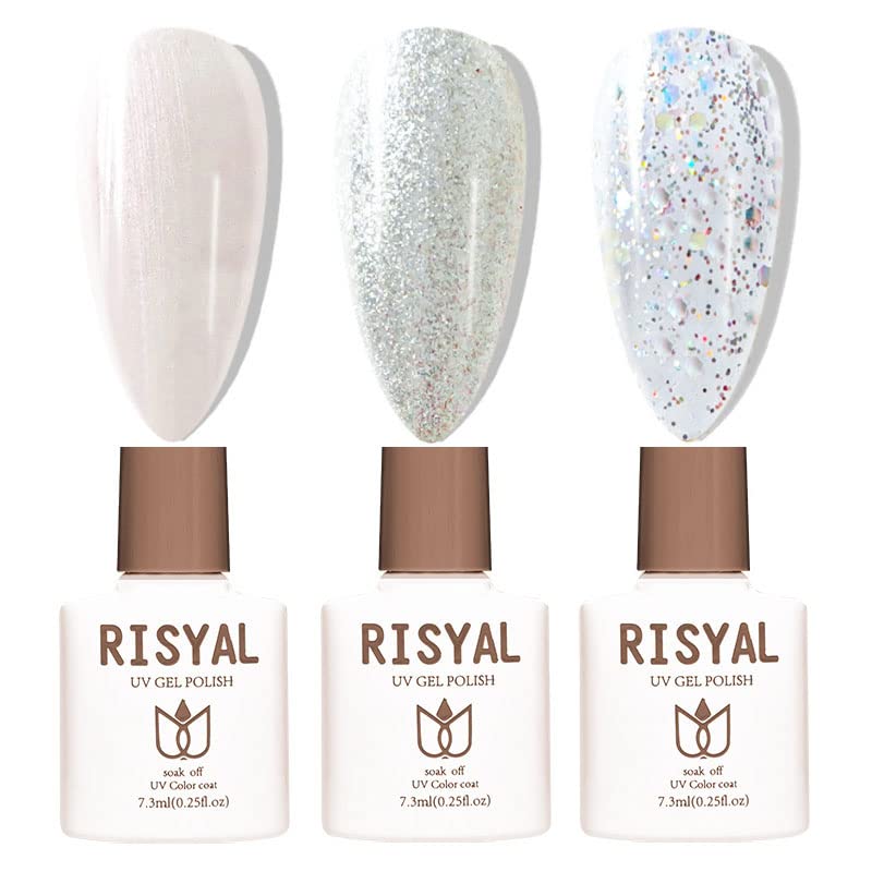 3 Pcs 7.5ml Pearlescent Shell Silver Gel Nail Polish StarGlitter Nail Polish Set Professional UV LED Soak Off Gel Polish.Spring SummerColors Nail Art Manicure Salon DIY at Home Gel Nail Manicure Gift for Women Girls (B)