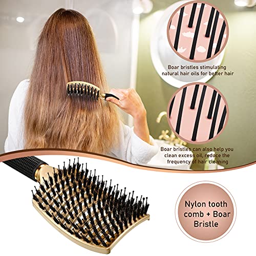 3 Pieces Curved Vented Boar Bristle Hair Brushes Fast Dry Detangling Hair Brush Curved Vented Styling Hair Brush Fast Blow Drying Hair Brush for Wet, Long and Curly Hair (Black, White, Gold) - Image 2