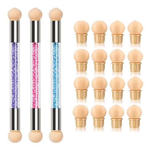 3 Pieces Double-Head Nail Sponges for Ombre Nail Brush for Gel Nails Gradient Pen Rhinestone Handle Acrylic Nail Painting Brush with 16 Pieces Replacement Head for Nail Art（Purple/Pink/Blue）